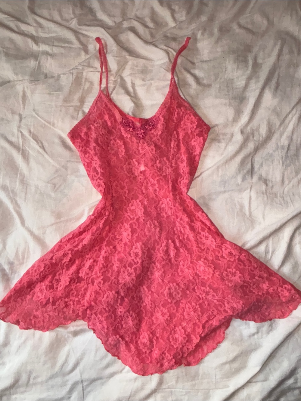 Vintage Coral Pink Floral Lace Babydoll Slip Dress S/M